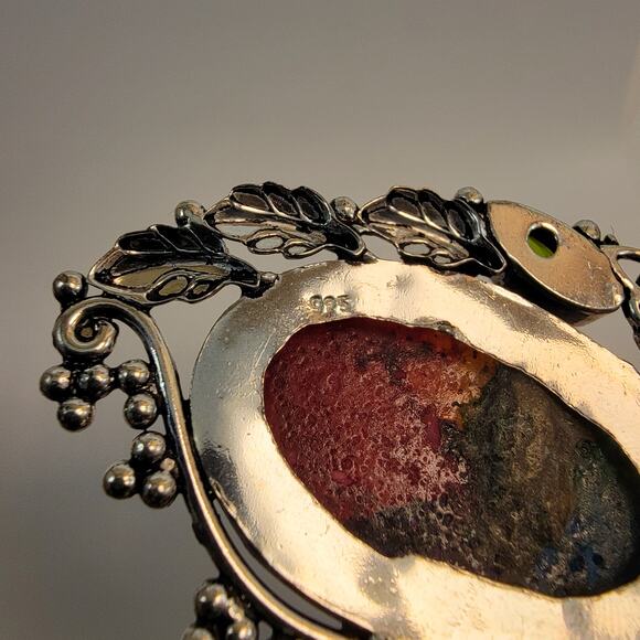 Handmade Rainbow Fluorite and Peridot Pendant with Sterling Silver Floral Design - Picture 5 of 10